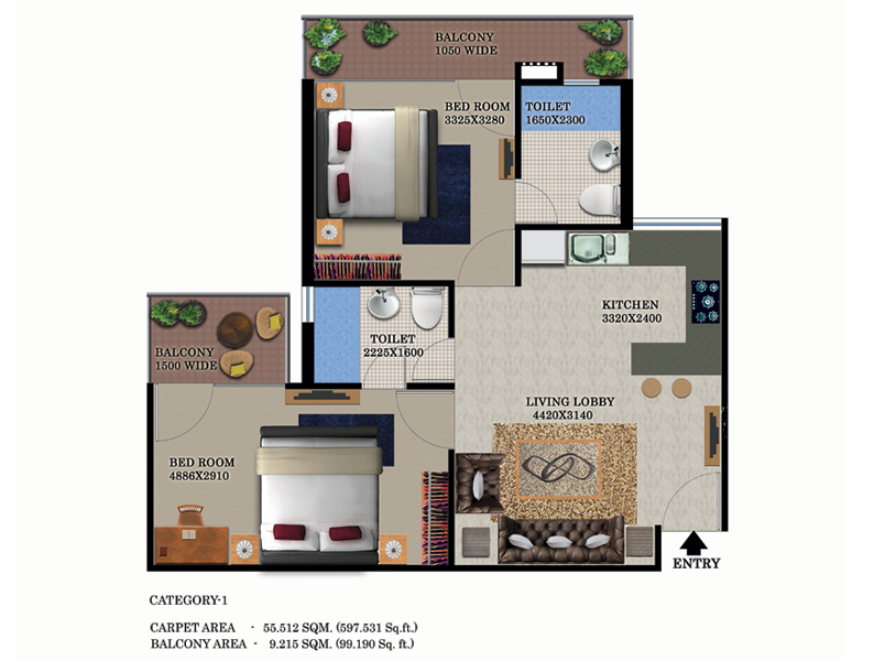 Floor Plan Type 1, 2 BHK, 950 Sq.ft.