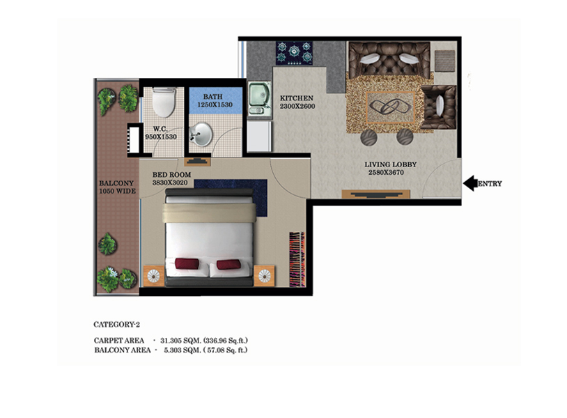 Floor Plan Type 2, 1 BHK, 525 Sq.ft.