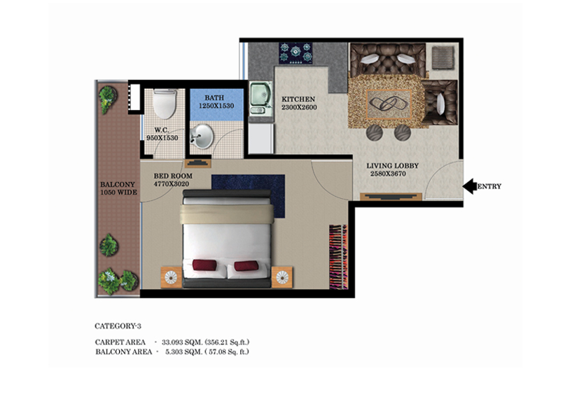 Floor Plan Type 3, 1 BHK, 560 Sq.ft.