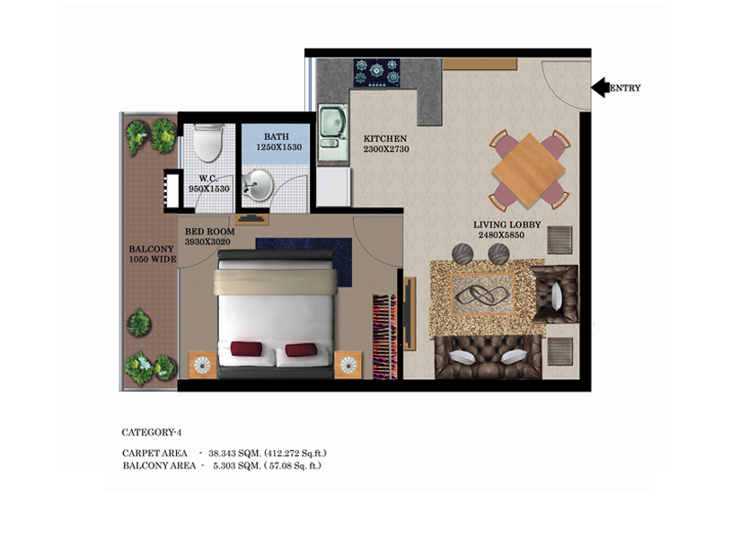 Floor Plan Type 4, 1 BHK, 650 Sq.ft.